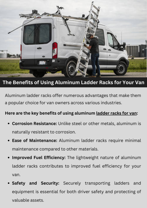 Aluminum ladder racks offer numerous benefits for vans, including lightweight construction that doesn't add excessive weight. They provide durability, resisting rust and corrosion, ensuring longevity. These racks are versatile, accommodating various ladder sizes and other equipment securely. Overall, aluminum ladder racks enhance efficiency and safety by securely transporting equipment, making them a practical choice for commercial and personal use. To know more visit here https://commercialvansolutions.com/van-ladder-racks/