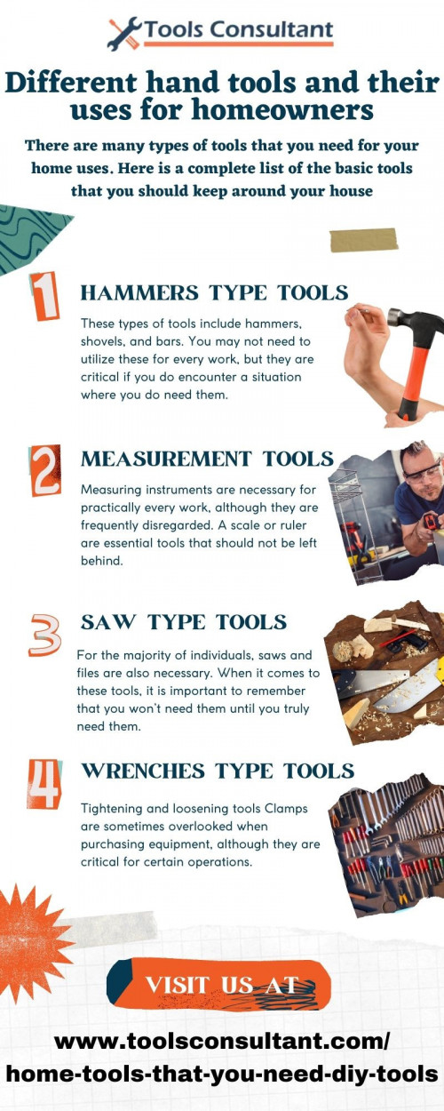 Tools consultant - https://toolsconsultant.com/home-tools-that-you-need-diy-tools/
There are many types of tools that you need for your home uses. Here is a complete list of the basic tools that you should keep around your house.