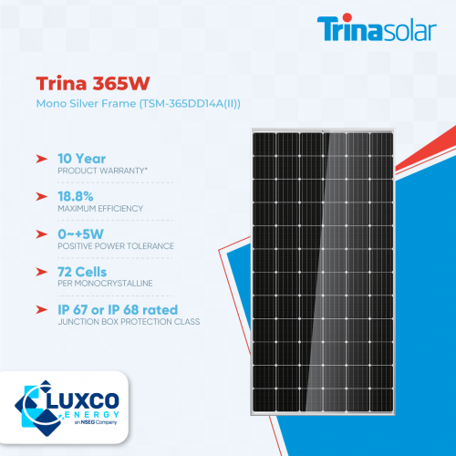 Trina 365W Mono Silver Frame(TSM-365DD14A)

1. 10 Year Product warranty
2. 18.8% Maximum efficiency
3. 0~+5W Positive power tolerance
4. 72 cells per monocrystalline
5. IP 67 or IP 68 rated Junction box protection class

Visit our site: https://www.luxcoenergy.com.au/wholesale-solar-panels/trina/
