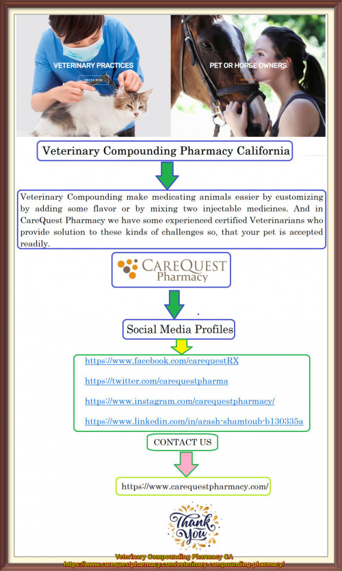 Veterinary Compounding make medicating animals easier by customizing by adding some flavor or by mixing two injectable medicines. And in CareQuest Pharmacy we have some experienced certified Veterinarians who provide solution to these kinds of challenges so, that your pet is accepted readily.
https://www.carequestpharmacy.com/veterinary-compounding-pharmacy/
