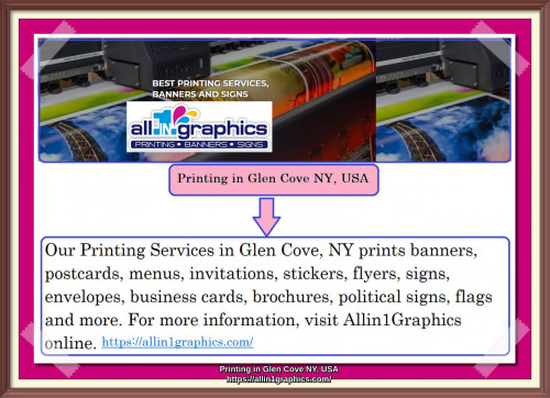 Our Printing Services in Glen Cove, NY prints banners, postcards, menus, invitations, stickers, flyers, signs, envelopes, business cards, brochures, political signs, flags and more. For more information, visit Allin1Graphics online. For more information, visit our website, https://allin1graphics.com/