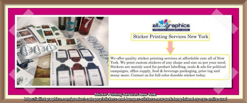 We offer quality sticker printing services at affordable rate all of New York. We print custom stickers of any shape and size as per your need. Stickers are mainly used for product labelling, seals & ads for political campaigns, office supply, food & beverage packaging, price tag and many more. Contact us for full color durable sticker today.
https://allin1graphics.com/product-category/stickers-and-bumper-stickers-new-york-long-island-ny-nyc-entire-usa/